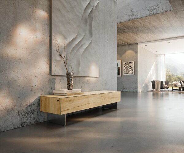 DELIFE TV stolek Cuor 150 cm keramika Laminam® Sabbia dubová 1 výklopná dvířka 1 zásuvka podnož závěsná nerezová ocel