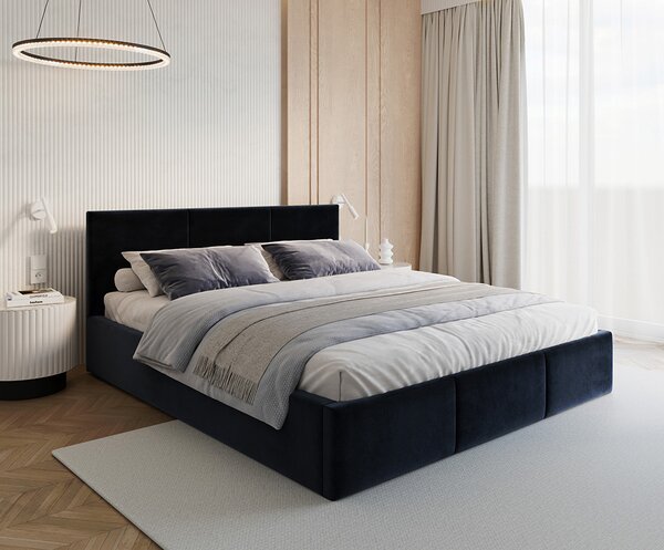 Čalouněná postel FRESIA 90x200cm Tmavě modrá Paris s úložným prostorem kovový rošt
