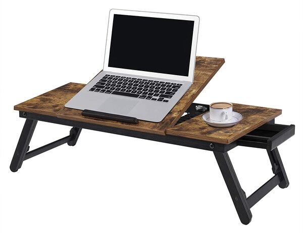 Stůl na laptop, výškově nastavitelný snídaňový tác, 71 x 35 x 23 cm, rustikální hnědý