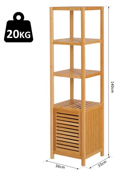 HOMCOM Úzký Koupelnový Skříňka, Vysoká Toaletní Skříňka se 3 Otevřenými Policemi, Bamboo Koupelnová Skříňka pro Malé Prostory, Obývací Pokoj, Koupelna