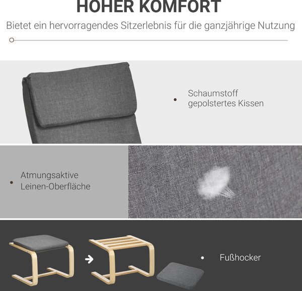 HOMCOM Křeslo s Podnožkou, Lounge Křeslo s Ottomanem, Čtecí Křeslo, Křeslo s Opěrkou Rukou, Houpací Křeslo, Relaxační Křeslo s Lněným Potahem pro Obýv