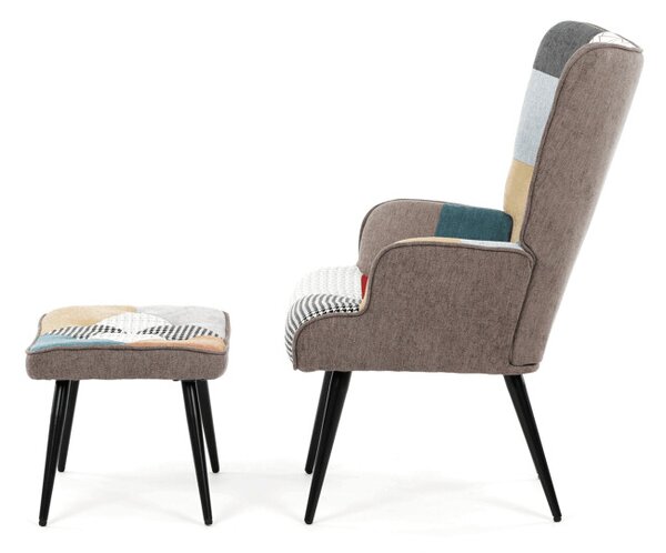 Luxusní relaxační křeslo NUVOLA s taburetem – vodoodpudivá, sametová, patchwork látka