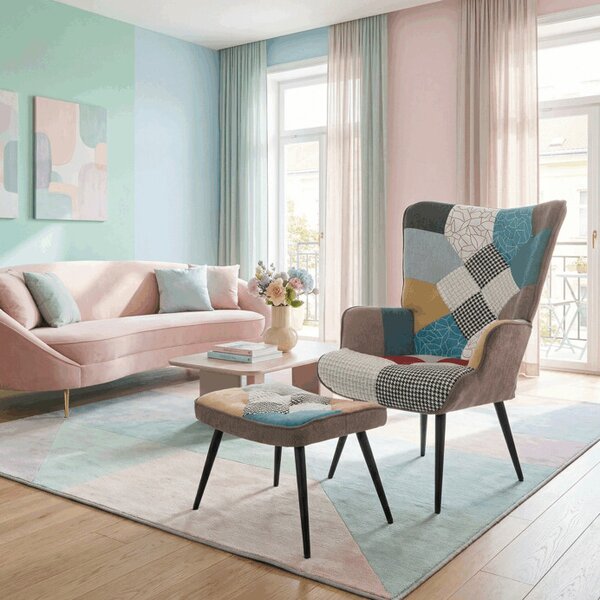 Luxusní relaxační křeslo NUVOLA s taburetem – vodoodpudivá, sametová, patchwork látka