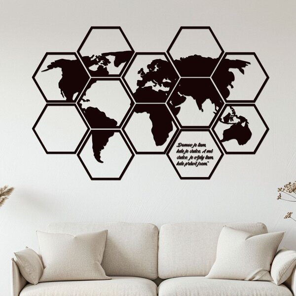 Dřevěná mapa světa Hexagon Zvolte barvu dekoru: Černá | Rozměry (cm): 93x60