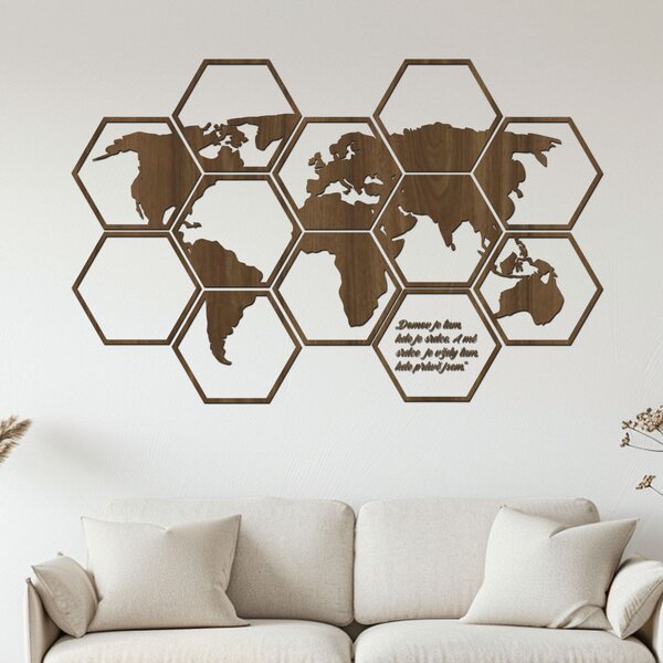 Dřevěná mapa světa Hexagon Zvolte barvu dekoru: Černá | Rozměry (cm): 93x60