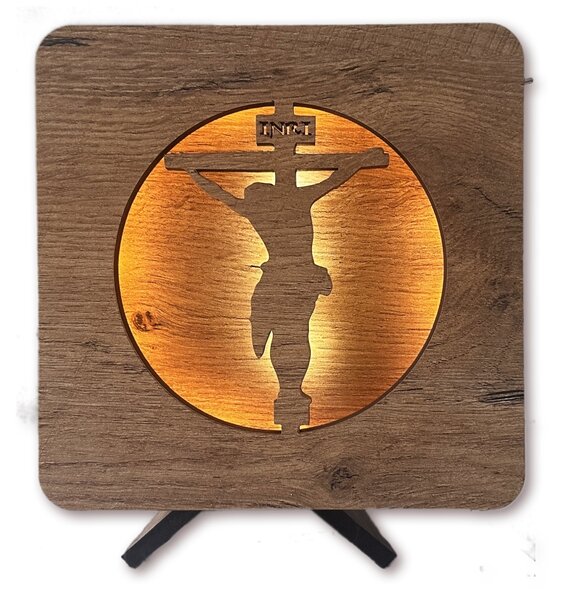 "Ježíš na kříži s pulzujícím světlem" lampa 19x19cm provedení povrchu: dub
