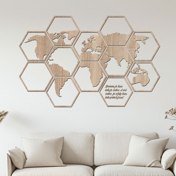Dřevěná mapa světa Hexagon Zvolte barvu dekoru: Černá | Rozměry (cm): 93x60