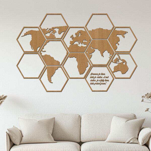 Dřevěná mapa světa Hexagon Zvolte barvu dekoru: Černá | Rozměry (cm): 93x60