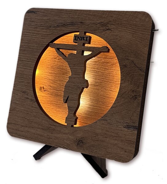 "Ježíš na kříži s pulzujícím světlem" lampa 19x19cm provedení povrchu: dub