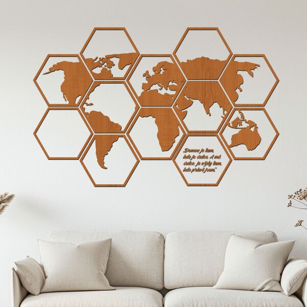 Dřevěná mapa světa Hexagon Zvolte barvu dekoru: Černá | Rozměry (cm): 93x60