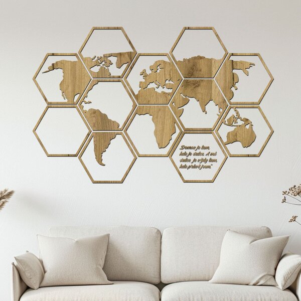 Dřevěná mapa světa Hexagon Zvolte barvu dekoru: Černá | Rozměry (cm): 93x60