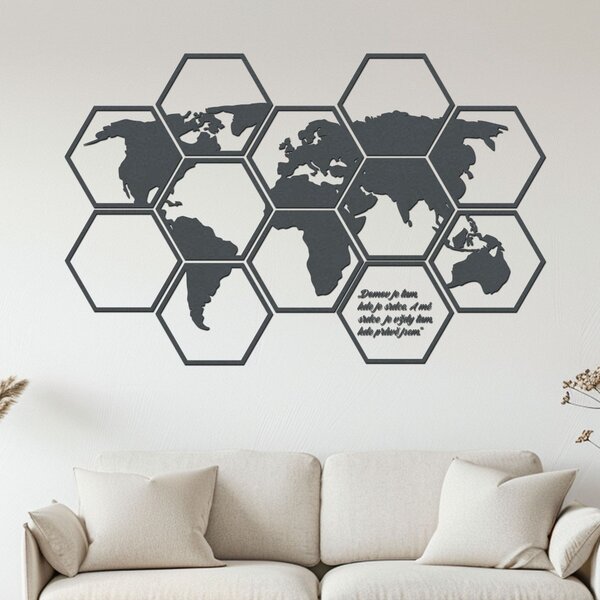Dřevěná mapa světa Hexagon Zvolte barvu dekoru: Černá | Rozměry (cm): 93x60