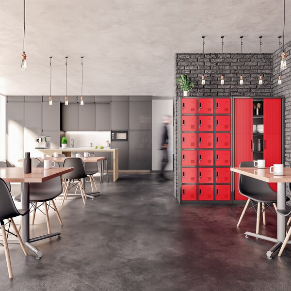 Šatní skříň s 18 uzamykatelnými boxy, antracit/červená, 900x1850x400 mm: KAROL