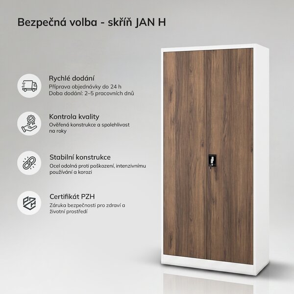 Kovová kancelářská skříň na dokumenty bílá / ořech, 900x1950x400 mm: JAN H Eco Design