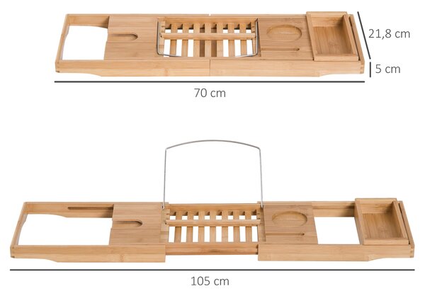 HOMCOM Polička na vanu, Vana, Dřevěný tray, Úložný systém, Bambus, Přírodní, (70-105) x 21,8 x 5 cm | Aosom