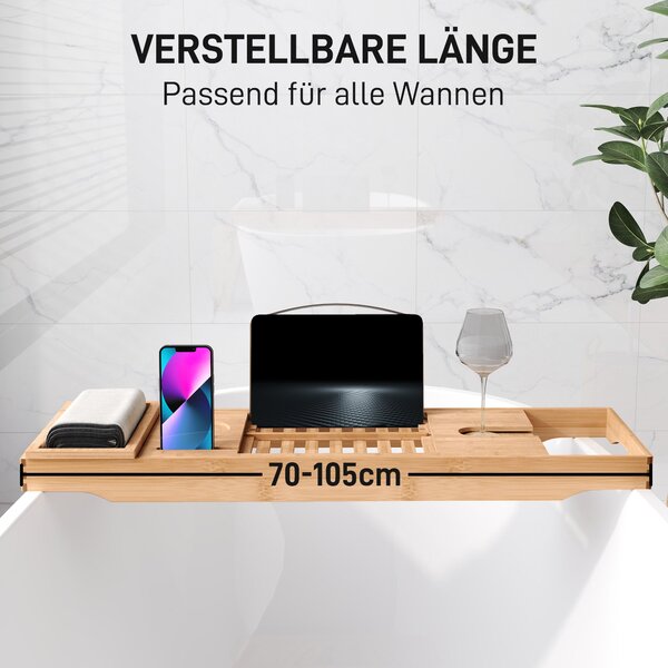 HOMCOM Polička na vanu, Vana, Dřevěný tray, Úložný systém, Bambus, Přírodní, (70-105) x 21,8 x 5 cm | Aosom