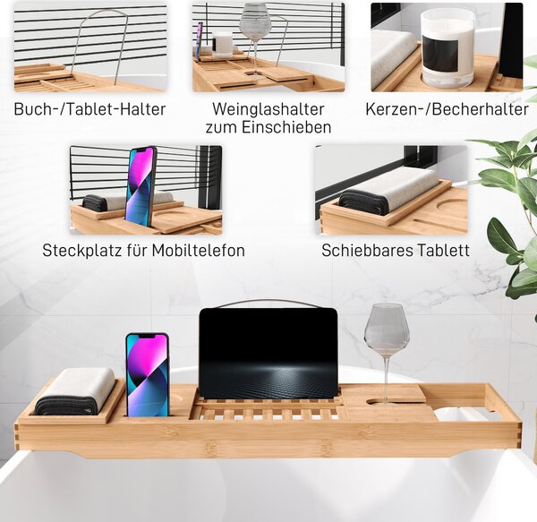HOMCOM Polička na vanu, Vana, Dřevěný tray, Úložný systém, Bambus, Přírodní, (70-105) x 21,8 x 5 cm | Aosom