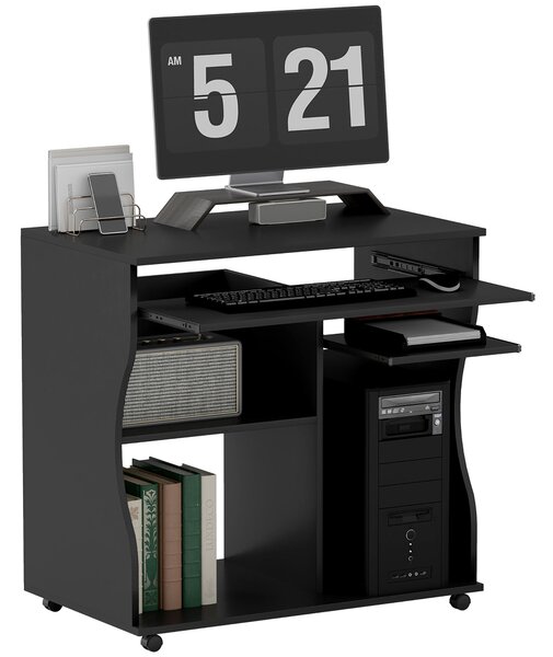 HOMCOM Stůl s Kolečky 80 x 48 cm Počítačový Stůl Kancelářský Stůl s Držákem na Monitor, Zásuvkou na Klávesnici, Policí na Úložné Prostředky, PC Stůl p