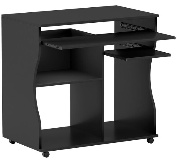 HOMCOM Stůl s Kolečky 80 x 48 cm Počítačový Stůl Kancelářský Stůl s Držákem na Monitor, Zásuvkou na Klávesnici, Policí na Úložné Prostředky, PC Stůl p