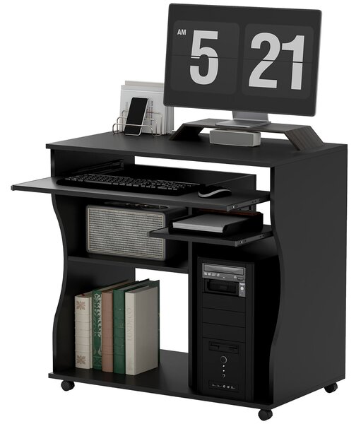 HOMCOM Stůl s Kolečky 80 x 48 cm Počítačový Stůl Kancelářský Stůl s Držákem na Monitor, Zásuvkou na Klávesnici, Policí na Úložné Prostředky, PC Stůl p