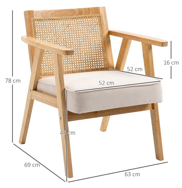 HOMCOM Křeslo do obýváku Relaxační židle s opěrkami, sedákem, lounge křeslo s ratanovým opěrákem, čtecí křeslo s vzhledem lnu, dřevěný rám, čalouněné