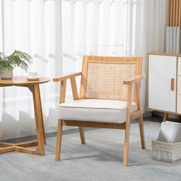 HOMCOM Křeslo do obýváku Relaxační židle s opěrkami, sedákem, lounge křeslo s ratanovým opěrákem, čtecí křeslo s vzhledem lnu, dřevěný rám, čalouněné