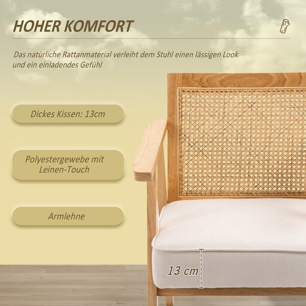 HOMCOM Křeslo do obýváku Relaxační židle s opěrkami, sedákem, lounge křeslo s ratanovým opěrákem, čtecí křeslo s vzhledem lnu, dřevěný rám, čalouněné