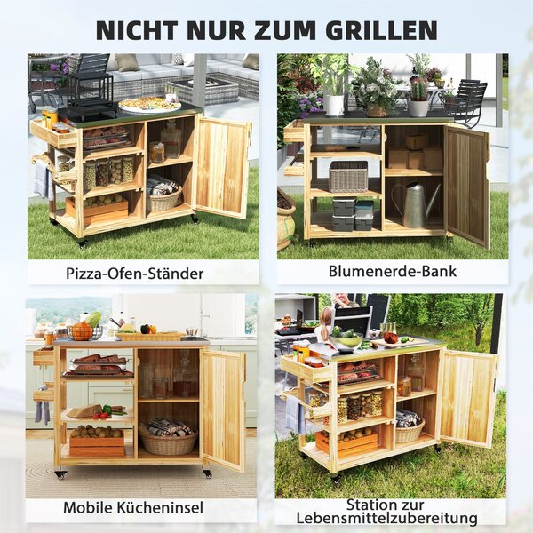 Grilovací stůl Outsunny 6-patrový vozík s pracovním povrchem, držák na utěrky, BBQ stůl z dřeva, boční grilovací stůl, venkovní vozík, uhlíkový gril d