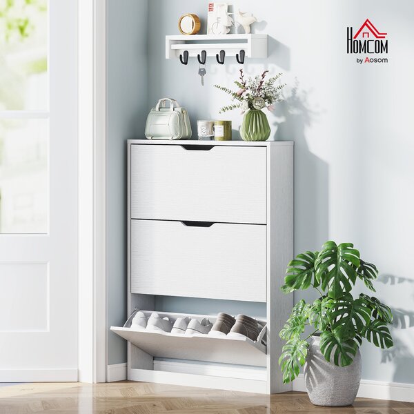 HOMCOM Skříň na boty se 3 dvířky, Botník, Skříň na obuv pro 9-12 párů bot 80 x 17 x 108 cm, Bílá | Aosom