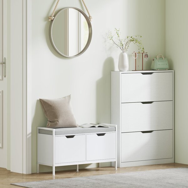 HOMCOM Skříň na boty se 3 dvířky, Botník, Skříň na obuv pro 9-12 párů bot 80 x 17 x 108 cm, Bílá | Aosom