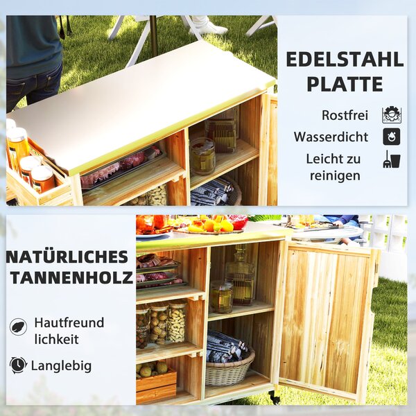 Grilovací stůl Outsunny 6-patrový vozík s pracovním povrchem, držák na utěrky, BBQ stůl z dřeva, boční grilovací stůl, venkovní vozík, uhlíkový gril d