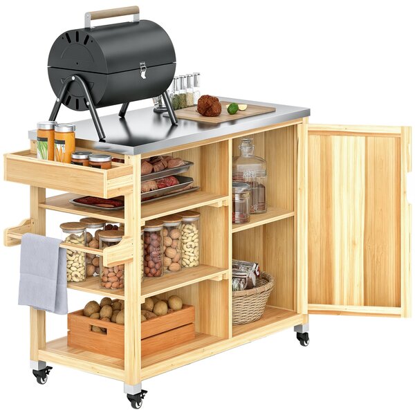 Grilovací stůl Outsunny 6-patrový vozík s pracovním povrchem, držák na utěrky, BBQ stůl z dřeva, boční grilovací stůl, venkovní vozík, uhlíkový gril d