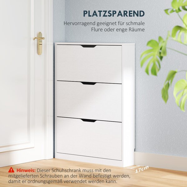 HOMCOM Skříň na boty se 3 dvířky, Botník, Skříň na obuv pro 9-12 párů bot 80 x 17 x 108 cm, Bílá | Aosom