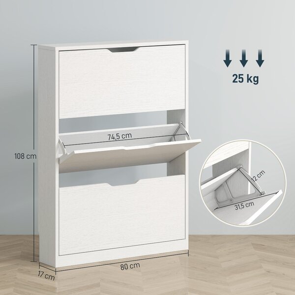 HOMCOM Skříň na boty se 3 dvířky, Botník, Skříň na obuv pro 9-12 párů bot 80 x 17 x 108 cm, Bílá | Aosom