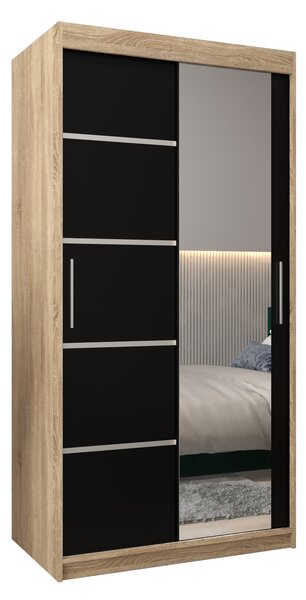 Šatní skříň 100 cm se zrcadlem Verika 2 100 (dub sonoma + černá)