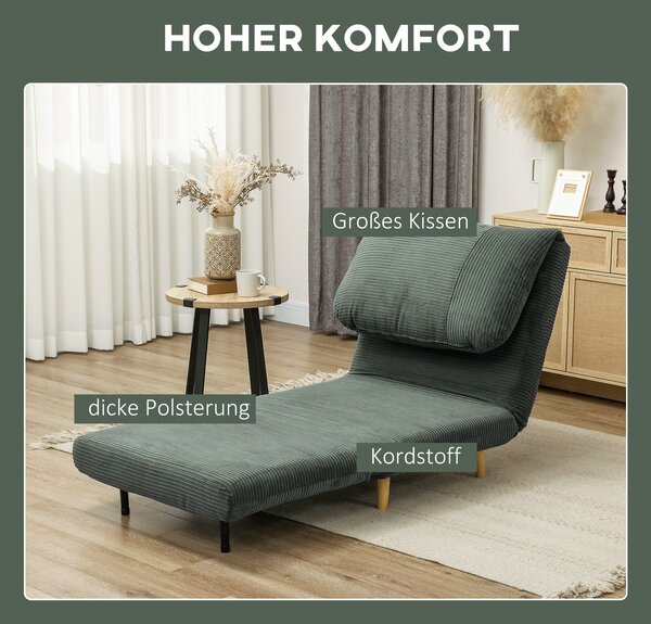 HOMCOM 2-v-1 Spací Pohovka S Křeslem, Skládací Matraci pro Hosty v Corduroy Vzhledu, pro Ložnici a Obývací Pokoj, Zelená, 82 x 89 x 83 cm | Aosom