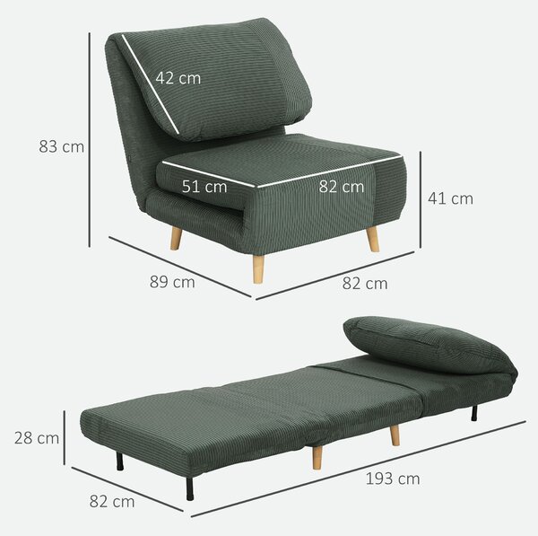 HOMCOM 2-v-1 Spací Pohovka S Křeslem, Skládací Matraci pro Hosty v Corduroy Vzhledu, pro Ložnici a Obývací Pokoj, Zelená, 82 x 89 x 83 cm | Aosom