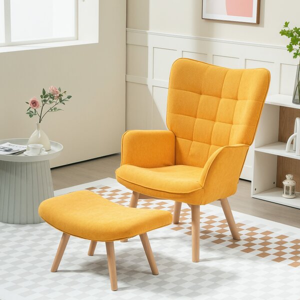 HOMCOM Křeslo s Podnožkou, Křeslo s Vysokým Zády, Dřevěné Nohy, Lounge Křeslo s Prošívaným Designem, Velurový Vzhled, pro Obývací Pokoj, Žluté | Aosom