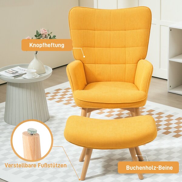 HOMCOM Křeslo s Podnožkou, Křeslo s Vysokým Zády, Dřevěné Nohy, Lounge Křeslo s Prošívaným Designem, Velurový Vzhled, pro Obývací Pokoj, Žluté | Aosom