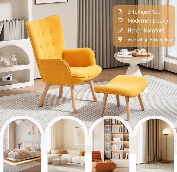 HOMCOM Křeslo s Podnožkou, Křeslo s Vysokým Zády, Dřevěné Nohy, Lounge Křeslo s Prošívaným Designem, Velurový Vzhled, pro Obývací Pokoj, Žluté | Aosom