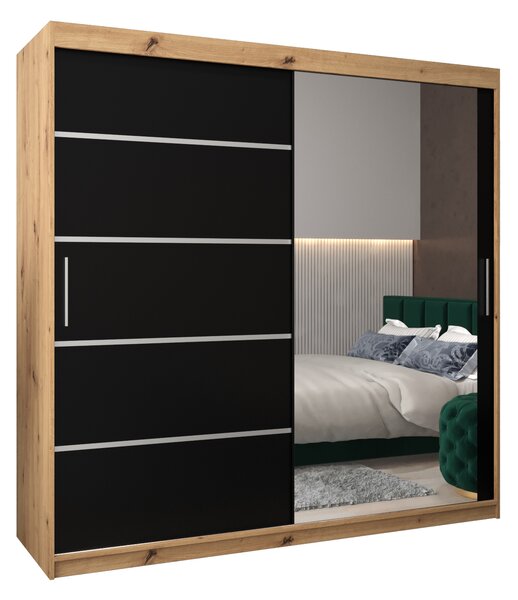 Šatní skříň 200 cm se zrcadlem Verika 2 200 (dub artisan + černá)