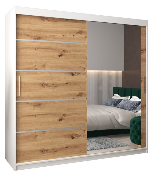 Šatní skříň 200 cm se zrcadlem Verika 2 200 (bílá + dub artisan)