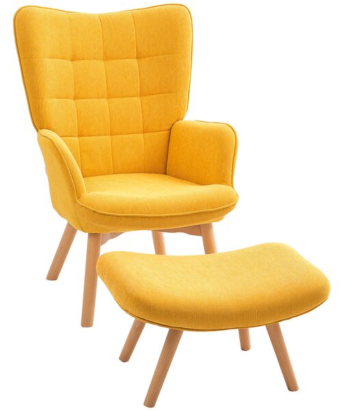 HOMCOM Křeslo s Podnožkou, Křeslo s Vysokým Zády, Dřevěné Nohy, Lounge Křeslo s Prošívaným Designem, Velurový Vzhled, pro Obývací Pokoj, Žluté | Aosom