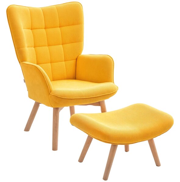 HOMCOM Křeslo s Podnožkou, Křeslo s Vysokým Zády, Dřevěné Nohy, Lounge Křeslo s Prošívaným Designem, Velurový Vzhled, pro Obývací Pokoj, Žluté | Aosom
