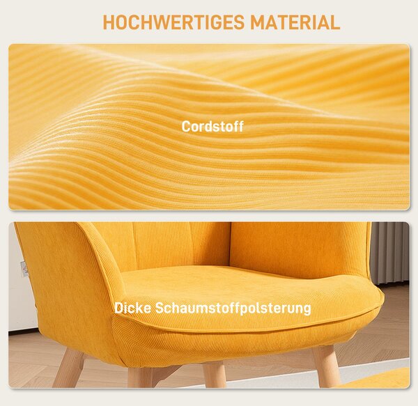 HOMCOM Křeslo s Podnožkou, Křeslo s Vysokým Zády, Dřevěné Nohy, Lounge Křeslo s Prošívaným Designem, Velurový Vzhled, pro Obývací Pokoj, Žluté | Aosom