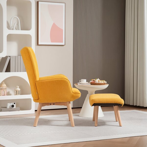 HOMCOM Křeslo s Podnožkou, Křeslo s Vysokým Zády, Dřevěné Nohy, Lounge Křeslo s Prošívaným Designem, Velurový Vzhled, pro Obývací Pokoj, Žluté | Aosom