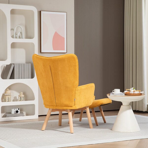 HOMCOM Křeslo s Podnožkou, Křeslo s Vysokým Zády, Dřevěné Nohy, Lounge Křeslo s Prošívaným Designem, Velurový Vzhled, pro Obývací Pokoj, Žluté | Aosom