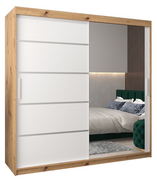 Šatní skříň 200 cm se zrcadlem Verika 2 200 (dub artisan + bílá)