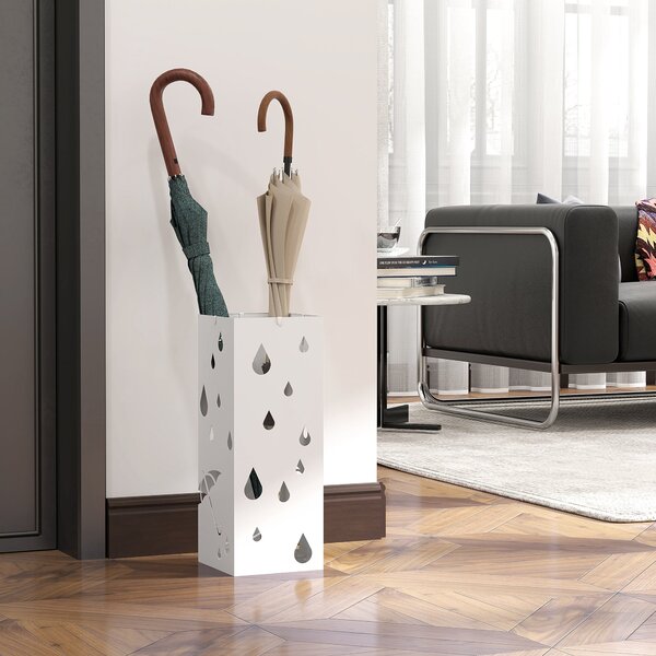 HOMCOM Stojan na deštníky se 4 háčky, dávkovač vody na chodbu, držák na deštníky a hole, ocel 15,5 x 15,5 x 40 cm, bílý | Aosom