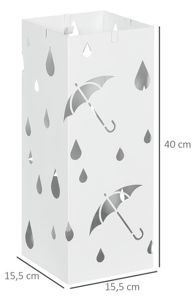 HOMCOM Stojan na deštníky se 4 háčky, dávkovač vody na chodbu, držák na deštníky a hole, ocel 15,5 x 15,5 x 40 cm, bílý | Aosom